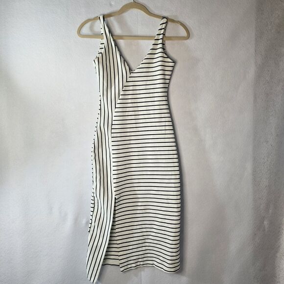 ZARA Trufaluc Collection Sz S Black & White Stripe Lined Fitted Dress Slit - Picture 1 of 6